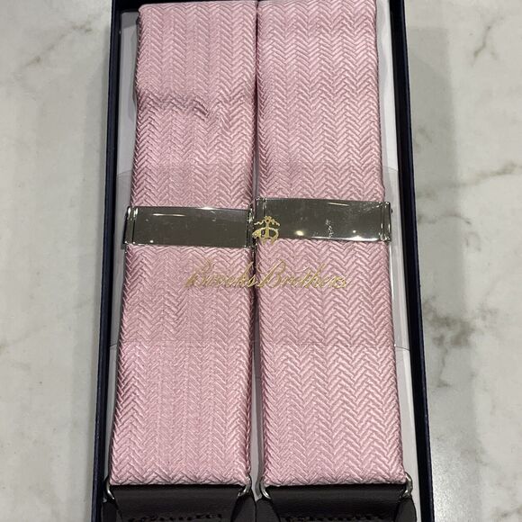 Brooks Brothers NEW Silk Leather Lt Pink Suspenders Braces Herringbone Pattern - Picture 2 of 9